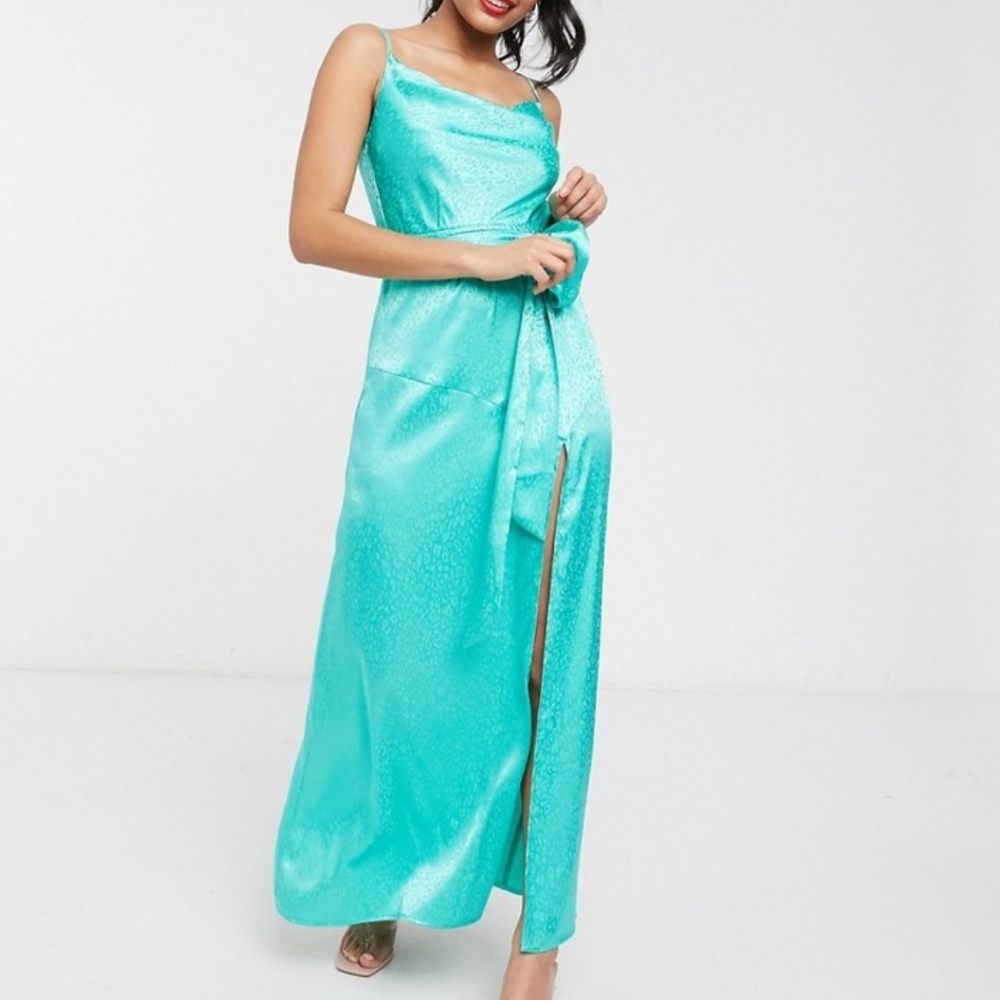Cowl midi satin dress jacquard slip with thigh slit in aqua